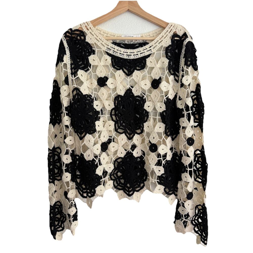Black White Knit Crochet Size L Boho Cottage Overlay Dark Granny Whimsygoth